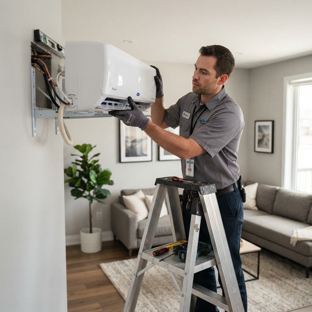 Split AC installation by technician